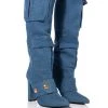 ALL OVER ME CHUNKY CARGO PATCHWORK BOOT IN DENIM -Azalea Wang store all over me chunky cargo patchwork boot in denim blue 1 1