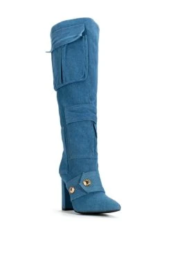 ALL OVER ME CHUNKY CARGO PATCHWORK BOOT IN DENIM -Azalea Wang store all over me chunky cargo patchwork boot in denim blue 3 3