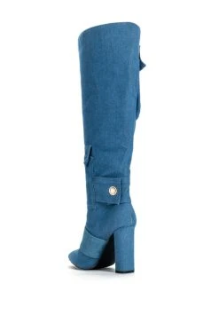 ALL OVER ME CHUNKY CARGO PATCHWORK BOOT IN DENIM -Azalea Wang store all over me chunky cargo patchwork boot in denim blue 4 4