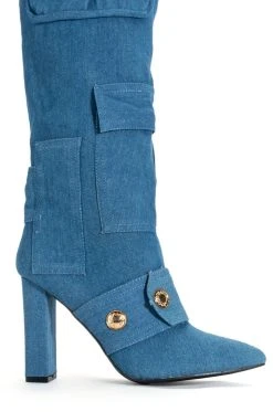 ALL OVER ME CHUNKY CARGO PATCHWORK BOOT IN DENIM -Azalea Wang store all over me chunky cargo patchwork boot in denim blue 5 5