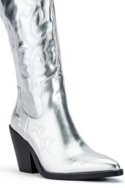 AZALEA WANG AFTER PARTY METALLIC WESTERN BOOT IN SILVER -Azalea Wang store azalea wang after party metallic western boot in silver silver 5 5 c1