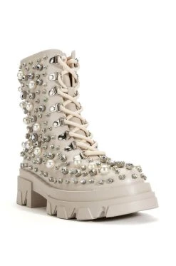 AZALEA WANG ALASKA FLATFORM RHINESTONE PEARL BOOTIE IN BONE -Azalea Wang store azalea wang alaska flatform rhinestone pearl bootie in bone bone 3 3