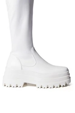 AZALEA WANG ARETHA STRETCH BOOT WITH 4 WAY STRETCH IN WHITE -Azalea Wang store azalea wang aretha stretch boot in white white 5 5