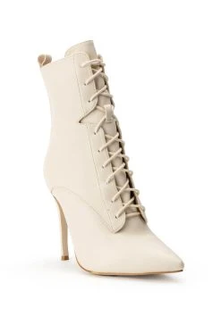 AZALEA WANG ASTORIA LACE UP STILETTO BOOTIE IN BONE -Azalea Wang store azalea wang astoria lace up stiletto bootie in bone bone 3 3