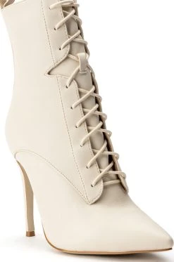 AZALEA WANG ASTORIA LACE UP STILETTO BOOTIE IN BONE -Azalea Wang store azalea wang astoria lace up stiletto bootie in bone bone 5 5