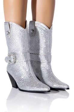AZALEA WANG BIG SLAY RHINESTONE EMBELLISHED WESTERN BOOTIE IN SILVER