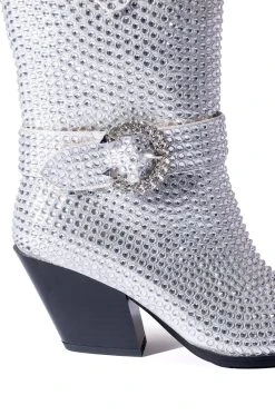 AZALEA WANG BIG SLAY RHINESTONE EMBELLISHED WESTERN BOOTIE IN SILVER -Azalea Wang store azalea wang big slay rhinestone embellished western bootie in silver silver 5 5