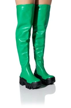 AZALEA WANG BIG STEPPER THIGH HIGH FLATFORM BOOT IN GREEN