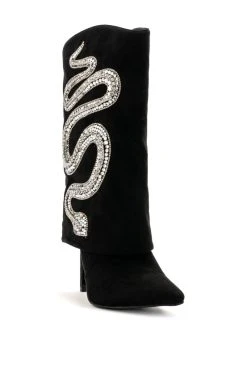 AZALEA WANG BOLD BLING RHINESTONE SNAKE FOLD OVER BOOTIE IN BLACK -Azalea Wang store azalea wang bold bling rhinestone snake fold over bootie in black black 3 3