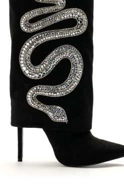 AZALEA WANG BOLD BLING RHINESTONE SNAKE FOLD OVER BOOTIE IN BLACK -Azalea Wang store azalea wang bold bling rhinestone snake fold over bootie in black black 5 5