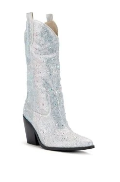 AZALEA WANG BOOSTS SILVER EMBELLISHED WESTERN BOOT -Azalea Wang store azalea wang boosts silver embellished western boot white 5 5