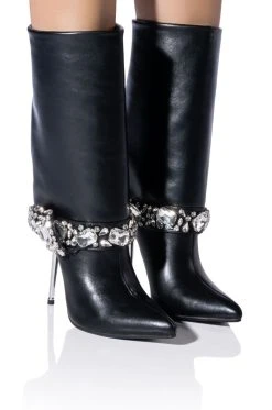 AZALEA WANG BRIAR FOLD OVER RHINESTONE GEM STILETTO BOOTIE IN BLACK