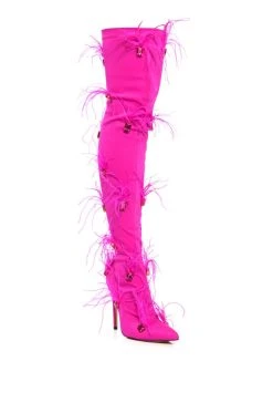 AZALEA WANG CAROLYN FEATHER EMBELLISHED PINK BOOT -Azalea Wang store azalea wang carolyn feather embellished pink boot pink 3 3