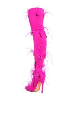 AZALEA WANG CAROLYN FEATHER EMBELLISHED PINK BOOT -Azalea Wang store azalea wang carolyn feather embellished pink boot pink 4 4