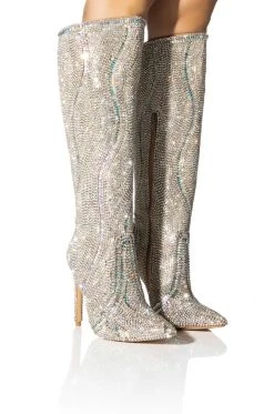 AZALEA WANG CLASSY RHINESTONE ENCRUSTED STILETTO BOOT IN SILVER