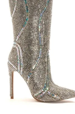 AZALEA WANG CLASSY RHINESTONE ENCRUSTED STILETTO BOOT IN SILVER -Azalea Wang store azalea wang classy rhinestone encrusted stiletto boot in silver silver 5 5