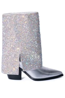 AZALEA WANG CRYSTALIZED RHINESTONE EMBELLISHED WESTERN BOOT IN SILVER -Azalea Wang store azalea wang crystalized rhinestone embellished western boot in silver silver 2 2