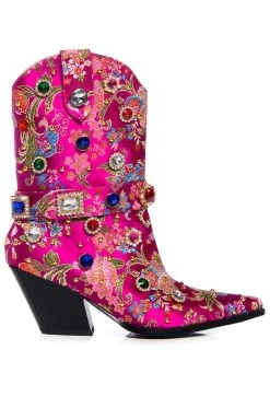 AZALEA WANG DILIGENT GEM EMBELLISHED BROCADE WESTERN BOOTIE IN PINK -Azalea Wang store azalea wang diligent embellished bootie in pink pink 2 2