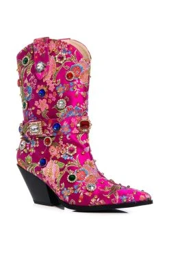 AZALEA WANG DILIGENT GEM EMBELLISHED BROCADE WESTERN BOOTIE IN PINK -Azalea Wang store azalea wang diligent embellished bootie in pink pink 3 3