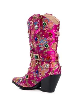 AZALEA WANG DILIGENT GEM EMBELLISHED BROCADE WESTERN BOOTIE IN PINK -Azalea Wang store azalea wang diligent embellished bootie in pink pink 4 4