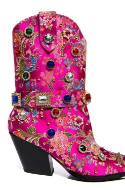 AZALEA WANG DILIGENT GEM EMBELLISHED BROCADE WESTERN BOOTIE IN PINK -Azalea Wang store azalea wang diligent embellished bootie in pink pink 5 5