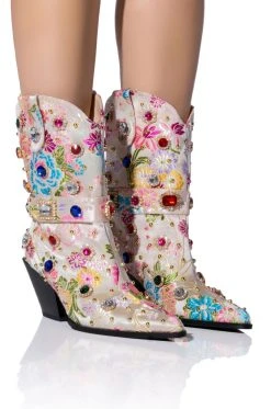 AZALEA WANG DILIGENT GEM EMBELLISHED BROCADE WESTERN BOOTIE IN BONE