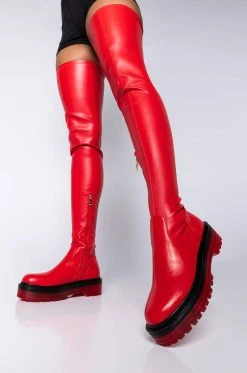 AZALEA WANG DO IT TO YA FLATFORM BOOT WITH 4 WAY STRETCH IN RED
