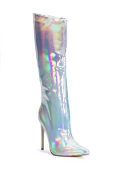 AZALEA WANG DONT WANNA FALL IN LOVE HOLOGRAPHIC STILETTO BOOT IN SILVER -Azalea Wang store azalea wang dont wanna fall in love holographic stiletto boot in silver silver 3 3