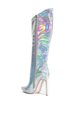 AZALEA WANG DONT WANNA FALL IN LOVE HOLOGRAPHIC STILETTO BOOT IN SILVER -Azalea Wang store azalea wang dont wanna fall in love holographic stiletto boot in silver silver 4 4