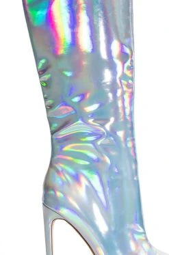 AZALEA WANG DONT WANNA FALL IN LOVE HOLOGRAPHIC STILETTO BOOT IN SILVER -Azalea Wang store azalea wang dont wanna fall in love holographic stiletto boot in silver silver 5 5