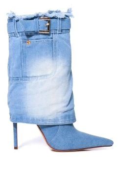 AZALEA WANG DOUBLE DOWN DENIM FOLD OVER STILETTO BOOTIE -Azalea Wang store azalea wang double down denim fold over stiletto bootie denim 2 2