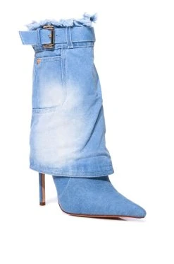 AZALEA WANG DOUBLE DOWN DENIM FOLD OVER STILETTO BOOTIE -Azalea Wang store azalea wang double down denim fold over stiletto bootie denim 3 3