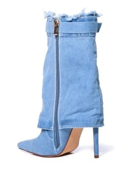 AZALEA WANG DOUBLE DOWN DENIM FOLD OVER STILETTO BOOTIE -Azalea Wang store azalea wang double down denim fold over stiletto bootie denim 4 4