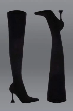 AZALEA WANG ELEVATE THIGH HIGH STRETCH SUEDE BOOT IN BLACK -Azalea Wang store azalea wang elevate thigh high stretch suede boot in black black 1 1 c1