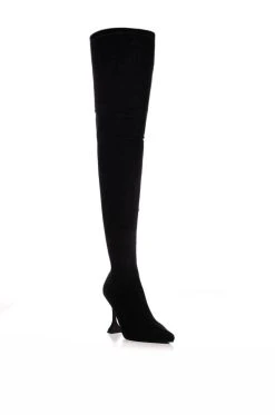 AZALEA WANG ELEVATE THIGH HIGH STRETCH SUEDE BOOT IN BLACK -Azalea Wang store azalea wang elevate thigh high stretch suede boot in black black 3 3