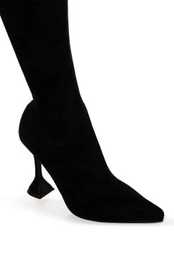 AZALEA WANG ELEVATE THIGH HIGH STRETCH SUEDE BOOT IN BLACK -Azalea Wang store azalea wang elevate thigh high stretch suede boot in black black 5 5
