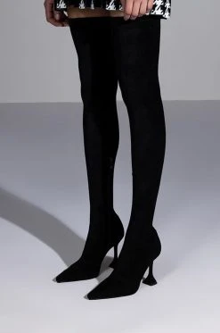 AZALEA WANG ELEVATE THIGH HIGH STRETCH SUEDE BOOT IN BLACK -Azalea Wang store azalea wang elevate thigh high stretch suede boot in black black 7 7 c1