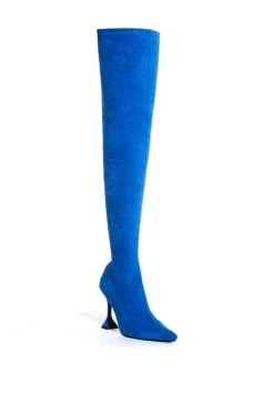 AZALEA WANG ELEVATE THIGH HIGH STRETCH SUEDE BOOT IN BLUE -Azalea Wang store azalea wang elevate thigh high stretch suede boot in blue blue 3 3