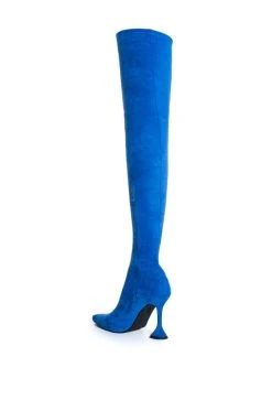 AZALEA WANG ELEVATE THIGH HIGH STRETCH SUEDE BOOT IN BLUE -Azalea Wang store azalea wang elevate thigh high stretch suede boot in blue blue 4 4