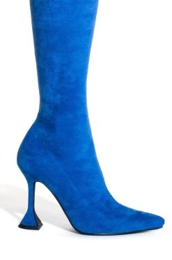 AZALEA WANG ELEVATE THIGH HIGH STRETCH SUEDE BOOT IN BLUE -Azalea Wang store azalea wang elevate thigh high stretch suede boot in blue blue 5 5