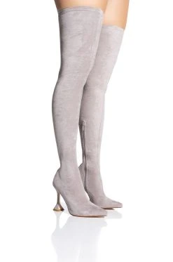 AZALEA WANG ELEVATE THIGH HIGH STRETCH SUEDE BOOT IN GREY -Azalea Wang store azalea wang elevate thigh high stretch suede boot in grey grey 1 1