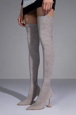 AZALEA WANG ELEVATE THIGH HIGH STRETCH SUEDE BOOT IN GREY -Azalea Wang store azalea wang elevate thigh high stretch suede boot in grey grey 2 2 c1