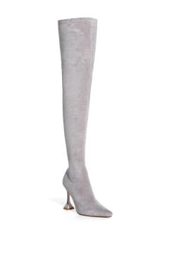 AZALEA WANG ELEVATE THIGH HIGH STRETCH SUEDE BOOT IN GREY -Azalea Wang store azalea wang elevate thigh high stretch suede boot in grey grey 3 3