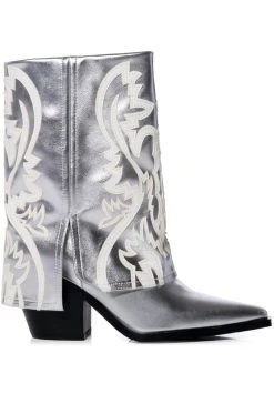 AZALEA WANG ESPERANZA WESTERN STYLE BOOTIE IN METALLIC SILVER -Azalea Wang store azalea wang esperanza western style bootie in metallic silver silver 2 2 c1