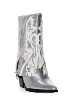 AZALEA WANG ESPERANZA WESTERN STYLE BOOTIE IN METALLIC SILVER -Azalea Wang store azalea wang esperanza western style bootie in metallic silver silver 3 3 c1