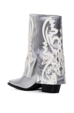 AZALEA WANG ESPERANZA WESTERN STYLE BOOTIE IN METALLIC SILVER -Azalea Wang store azalea wang esperanza western style bootie in metallic silver silver 4 4 c1