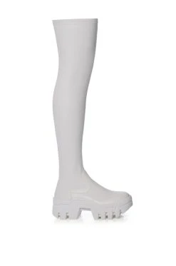 AZALEA WANG FAVORED PU THIGH HIGH BOOT WITH 4 WAY STRETCH IN WHITE -Azalea Wang store azalea wang favored pu thigh high boot with 4 way stretch in white white 2 2