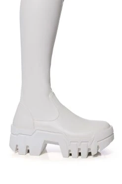 AZALEA WANG FAVORED PU THIGH HIGH BOOT WITH 4 WAY STRETCH IN WHITE -Azalea Wang store azalea wang favored pu thigh high boot with 4 way stretch in white white 5 5