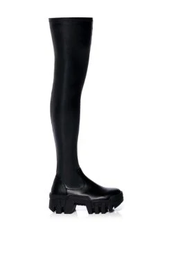 AZALEA WANG FAVORED PU THIGH HIGH BOOT WITH 4 WAY STRETCH IN BLACK -Azalea Wang store azalea wang favored stretch pu thigh high boot in black black 2 2