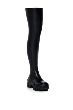 AZALEA WANG FAVORED PU THIGH HIGH BOOT WITH 4 WAY STRETCH IN BLACK -Azalea Wang store azalea wang favored stretch pu thigh high boot in black black 3 3